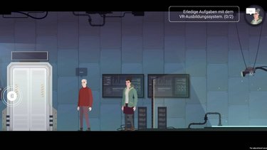 Ein Screenshot aus der Lernspiel-App Re:construction: Zwei Männer stehen in einem technischen Labor, rechts oben am Bildschirm ist die Anweisung "Erledige Aufgaben mit dem VR-Ausbildungssystem" zu lesen.